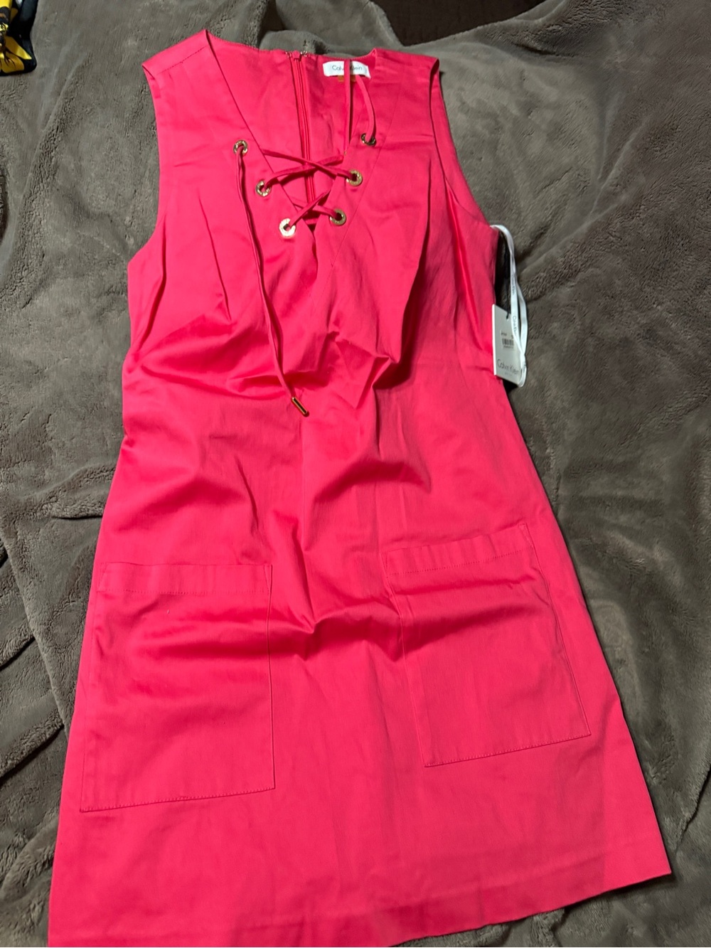 Calvin Klein Lace-Up Sleeveless Shift Dress in Hot Pink